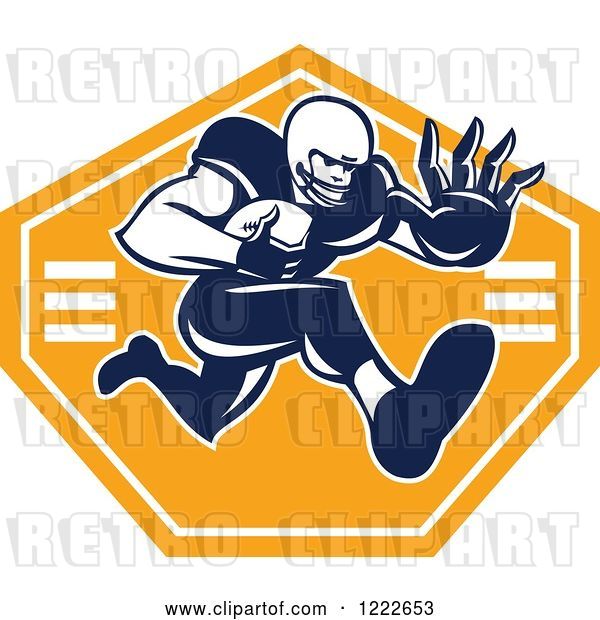 Vector Clip Art of Retro Gridiron American Football Player Running with the Ball over an Orange Shield
