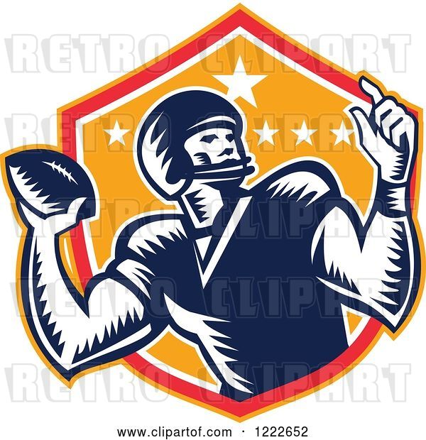 Vector Clip Art of Retro Gridiron American Football Player Throwing over a Red and Orange Shield