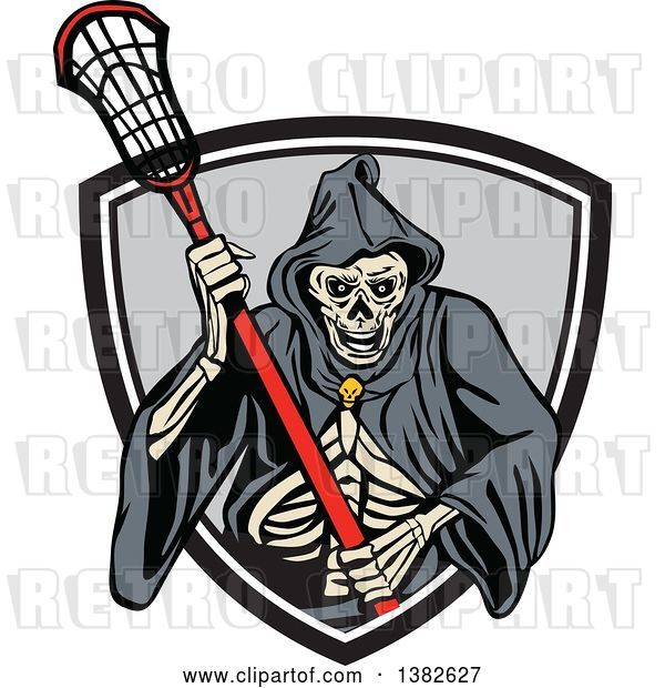Vector Clip Art of Retro Grim Reaper Holding a Lacrosse Stick and Emerging from a Shield