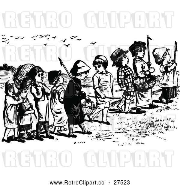 Vector Clip Art of Retro Group of Children Carrying Baskets