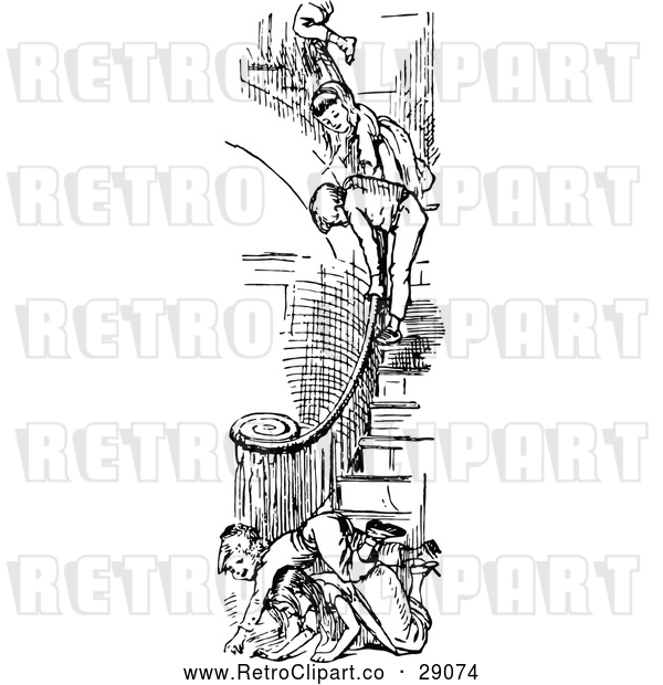 Vector Clip Art of Retro Group of Children Playing on Stairs