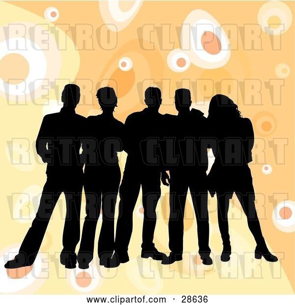 Vector Clip Art of Retro Group of Five Black Silhouetted Friends Standing over a Orange Background with Circles