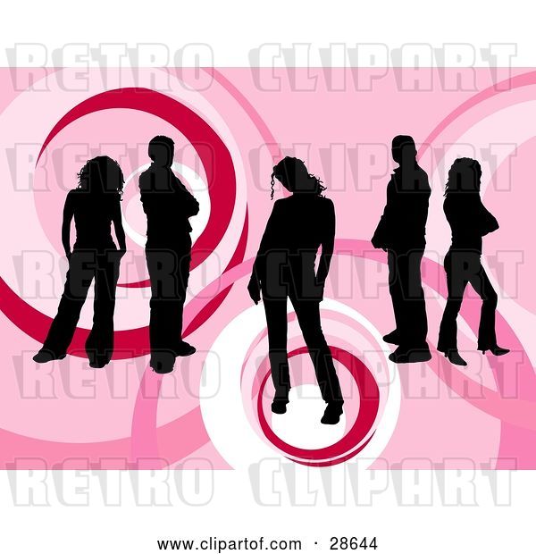 Vector Clip Art of Retro Group of Five Black Silhouetted People Standing over a Pink Background with Circle Designs