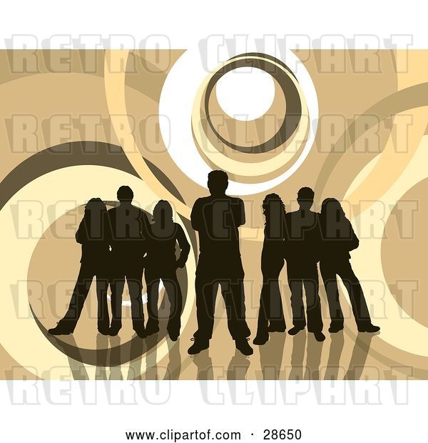 Vector Clip Art of Retro Group of Five Dark Brown Silhouetted People Standing over a Brown and White Background with Circles