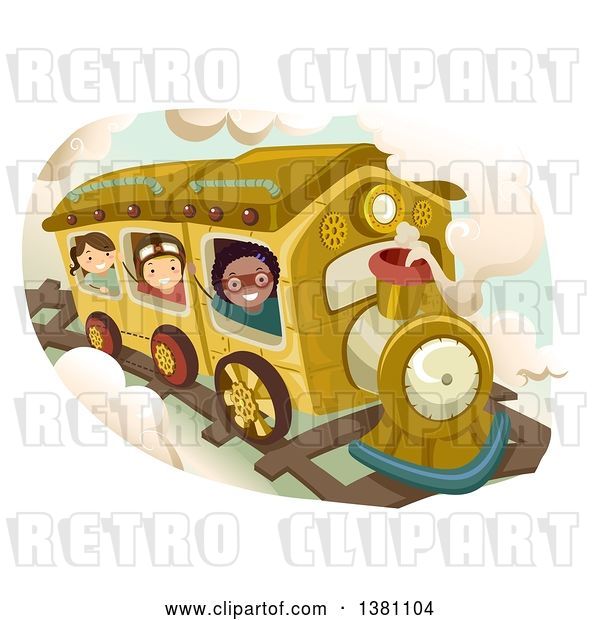 Vector Clip Art of Retro Group of Happy Children Riding a Steampunk Train