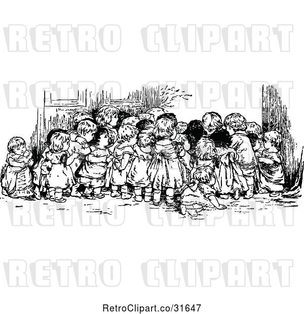 Vector Clip Art of Retro Group of Huddled KChildren Looking at Something