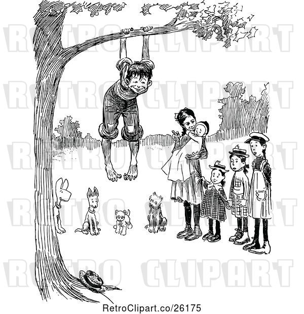Vector Clip Art of Retro Group of KChildren and Dogs Playing at a Tree