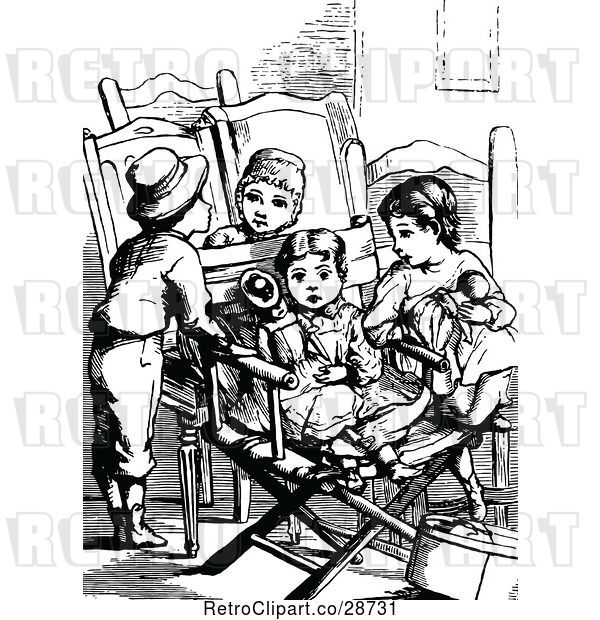Vector Clip Art of Retro Group of KChildren Playing on a Chair