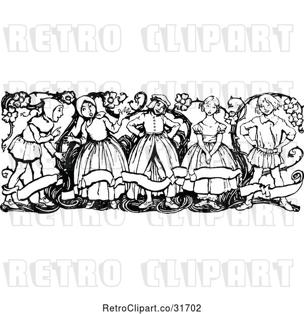 Vector Clip Art of Retro Group of KChildren with a Banner and Vine