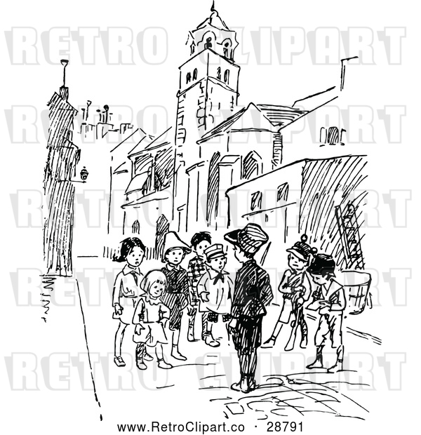 Vector Clip Art of Retro Group of Kids in a Street