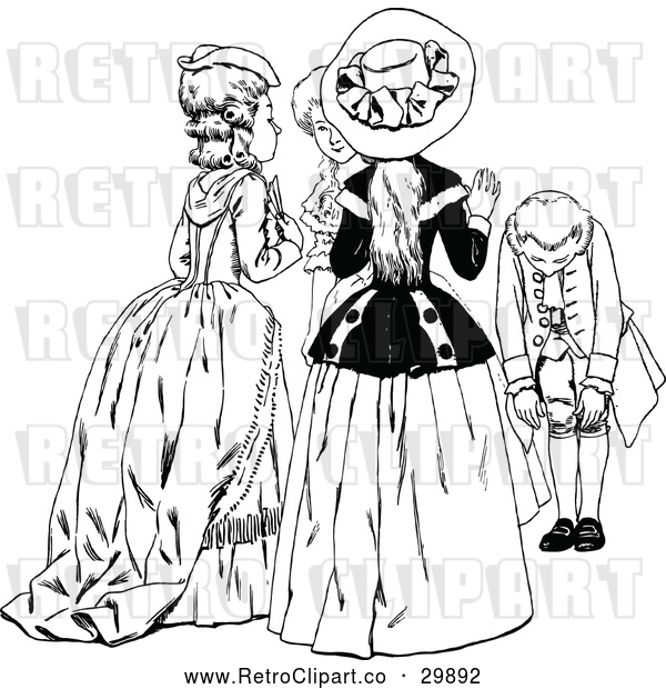 Vector Clip Art of Retro Group of Ladies and Bowing Man