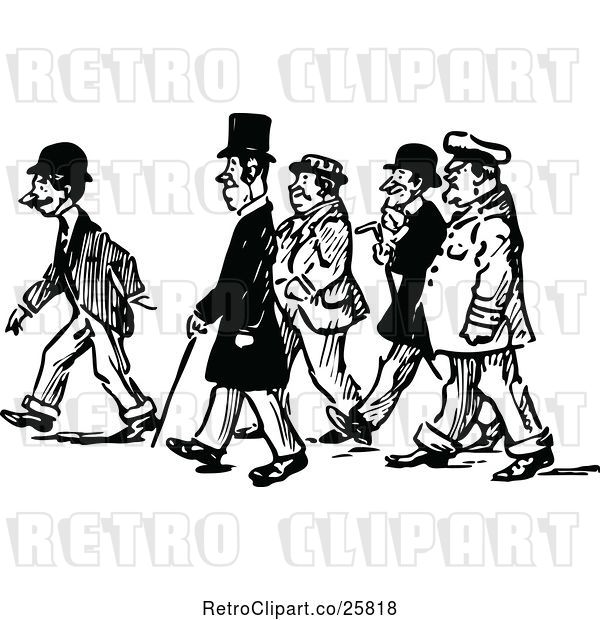 Vector Clip Art of Retro Group of Men Walking