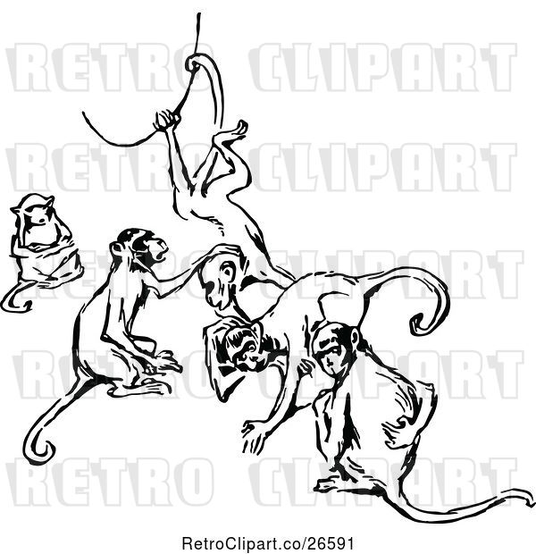 Vector Clip Art of Retro Group of Monkeys