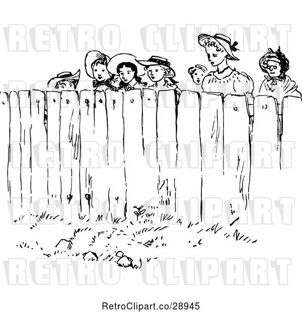 Vector Clip Art of Retro Group of People Looking over a Fence