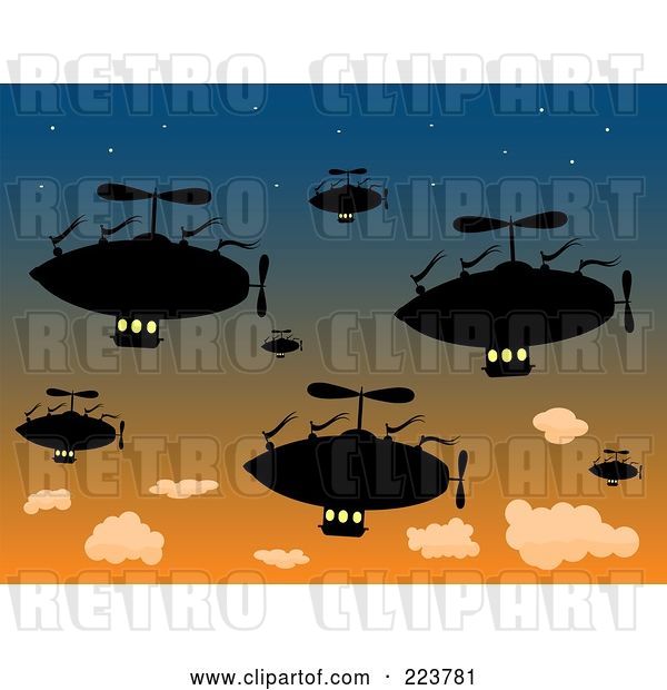 Vector Clip Art of Retro Group of Silhouetted Air Ships in a Sunset Sky