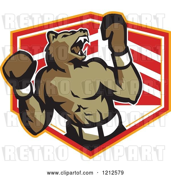 Vector Clip Art of Retro Growling Boxer Bear over a Shield