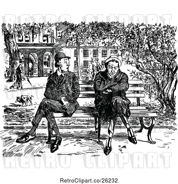 Vector Clip Art of Retro Grumpy and Curious Men Sitting on a Park Bench