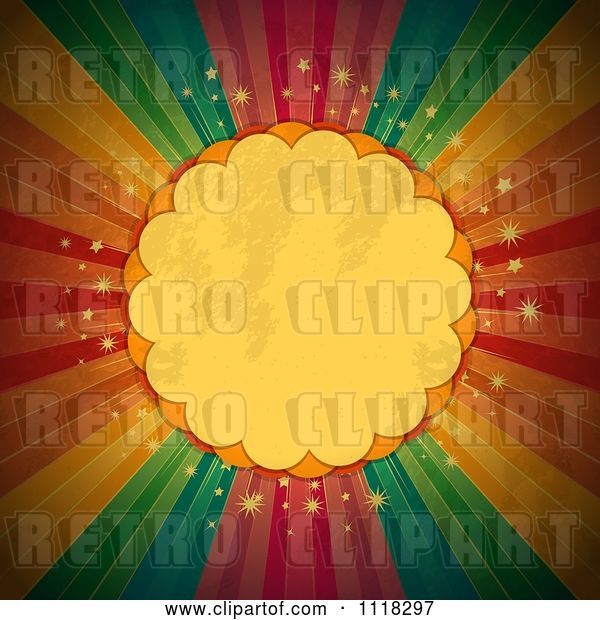 Vector Clip Art of Retro Grungy Scalloped Frame over Sparkles and Rainbow Rays