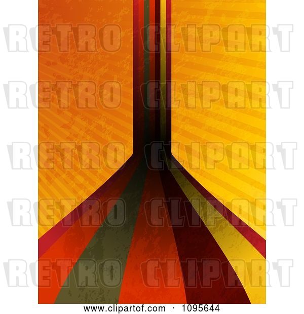 Vector Clip Art of Retro Grungy Stripes Leading Forward and up over Grungy Orange Rays