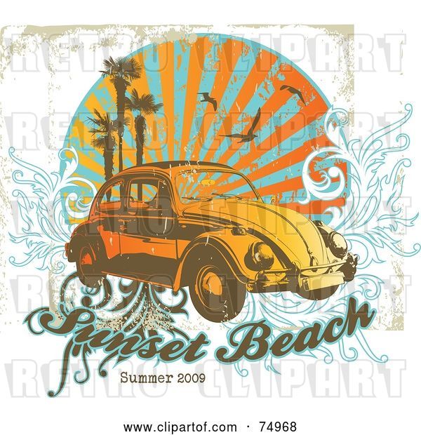 Vector Clip Art of Retro Grungy Vw Beetle Car with Palm Trees, Gulls and Vines with Sample Text