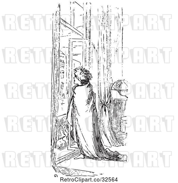 Vector Clip Art of Retro Guy and Blanket at a Window in