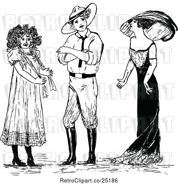 Vector Clip Art of Retro Guy and Girls in Dresses