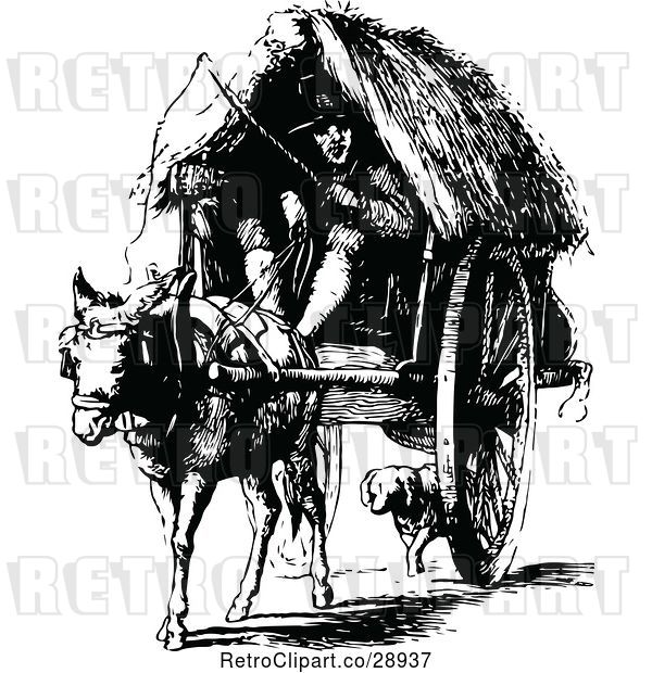 Vector Clip Art of Retro Guy and Horse Drawn Cart