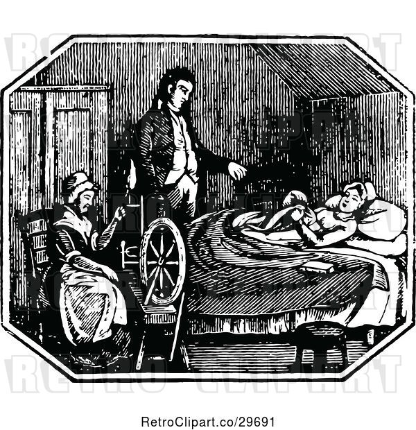 Vector Clip Art of Retro Guy and Lady Caring for a Sick Lady