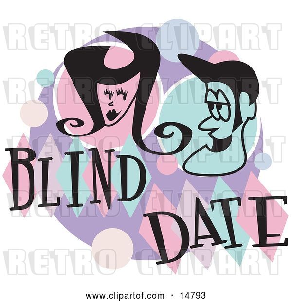 Vector Clip Art of Retro Guy and Lady Grinning at Eachother While on a Blind Date