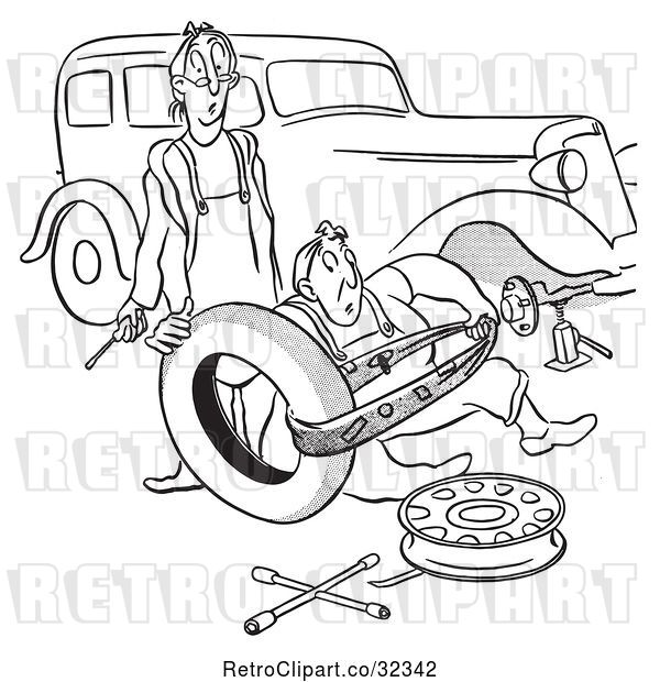 Vector Clip Art of Retro Guy and Lady Struggling with Changing a Car Tire