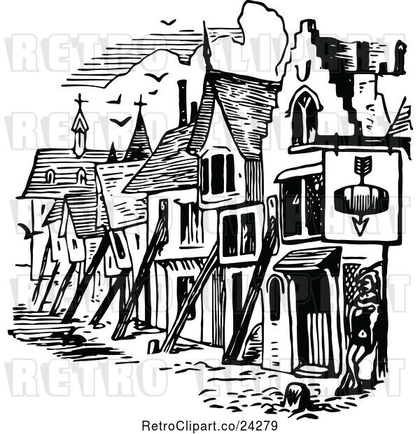 Vector Clip Art of Retro Guy and Medieval Houses