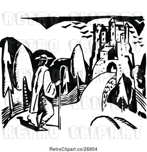 Vector Clip Art of Retro Guy Approaching a Castle