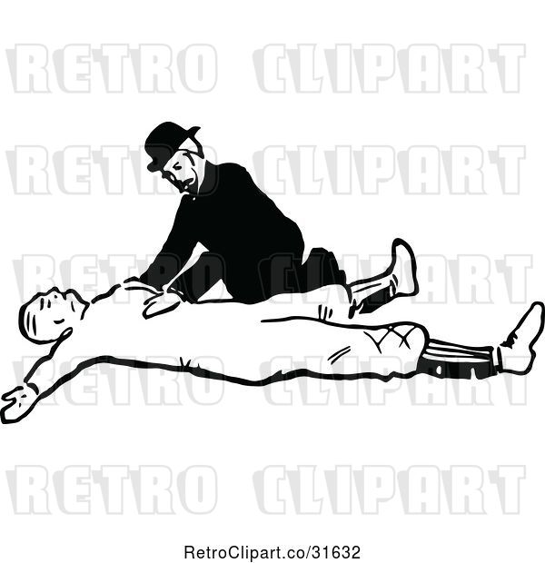 Vector Clip Art of Retro Guy Assisting an Injured Person