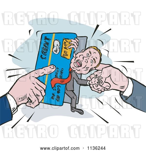 Vector Clip Art of Retro Guy Being Squeezed in a Credit Card Crunch