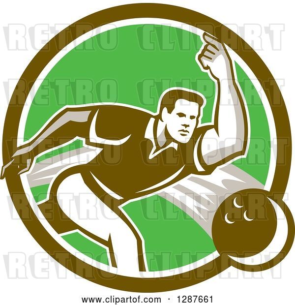 Vector Clip Art of Retro Guy Bowling in a Brown Green and White Circle