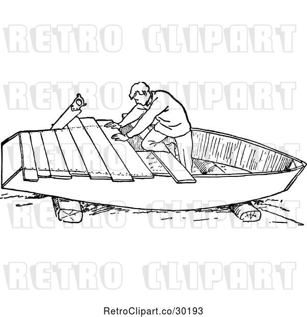 Vector Clip Art of Retro Guy Building a Boat