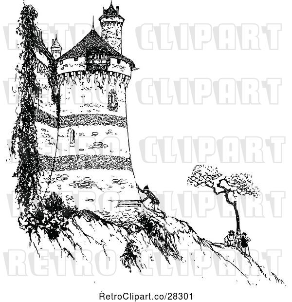 Vector Clip Art of Retro Guy by a Castle on a Cliff