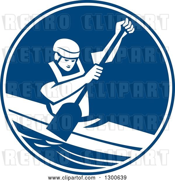 Vector Clip Art of Retro Guy Canoeing and Paddling in a Blue and White Circle
