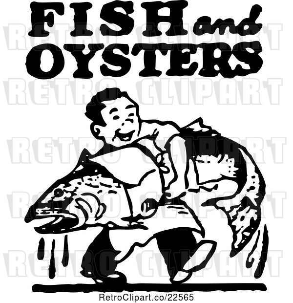 Vector Clip Art of Retro Guy Carrying a Large Fish with Fish and Oysters Text