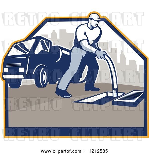 Vector Clip Art of Retro Guy Cleaning a Drainage System with a Hose and Truck