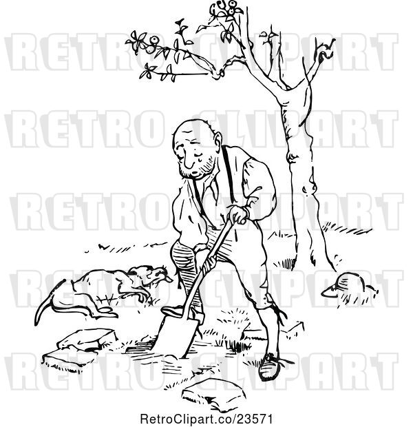 Vector Clip Art of Retro Guy Digging a Grave for His Dead Dog