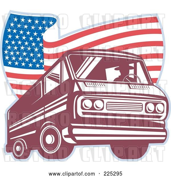 Vector Clip Art of Retro Guy Driving a Van and Wavy American Flag Logo