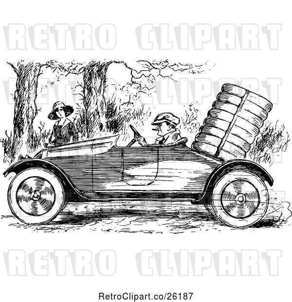 Vector Clip Art of Retro Guy Driving a Vintage Car by a Lady