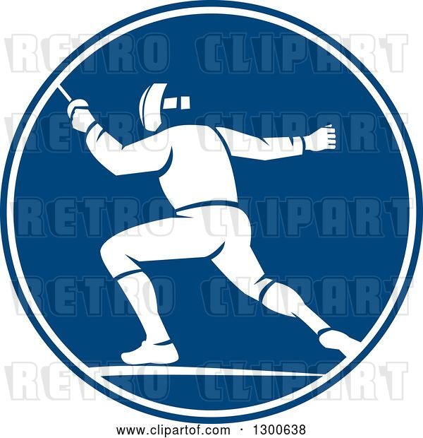 Vector Clip Art of Retro Guy Fencing in a Blue and White Circle