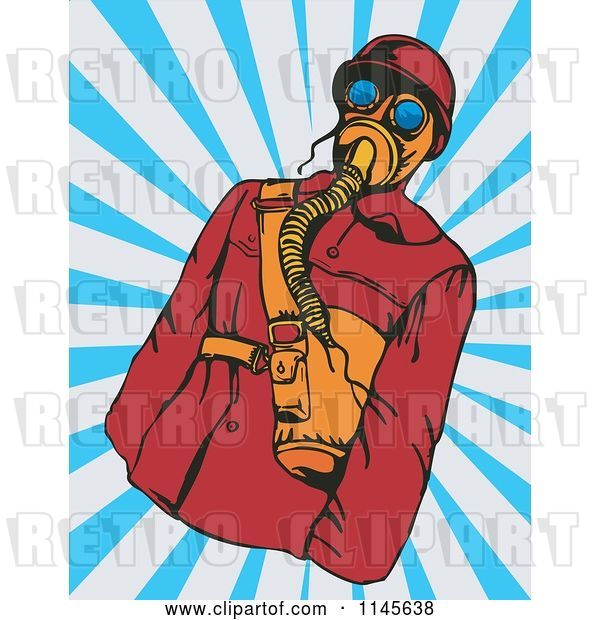 Vector Clip Art of Retro Guy in a Gas Mask over Rays