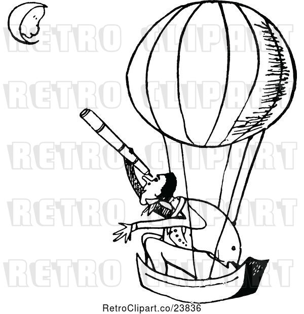 Vector Clip Art of Retro Guy in a Hot Air Balloon, Looking at the Guy on the Moon with a Telescope