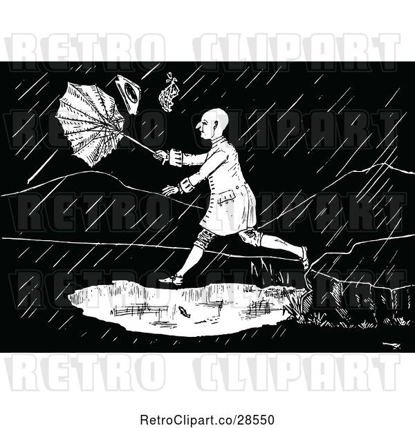 Vector Clip Art of Retro Guy in a Rain Storm