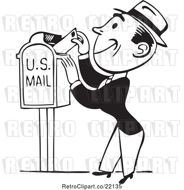 Vector Clip Art of Retro Guy Inserting a Letter in a Mail Box