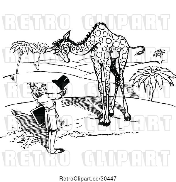 Vector Clip Art of Retro Guy Introducing Himself to a Giraffe