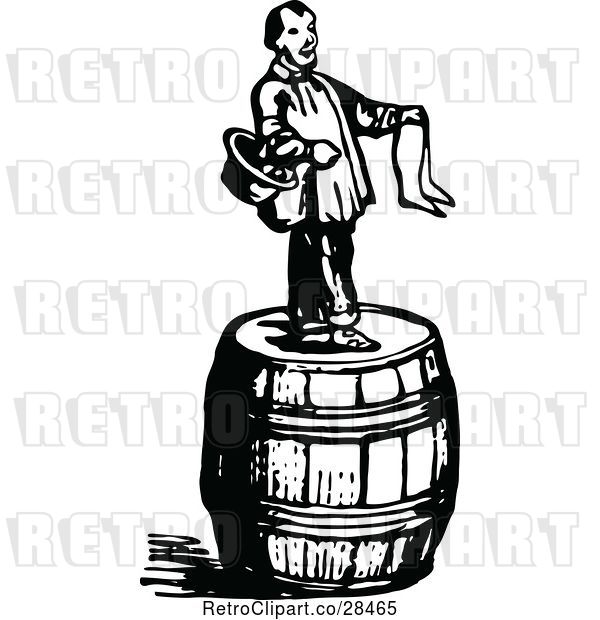 Vector Clip Art of Retro Guy on a Barrel Selling Stockings